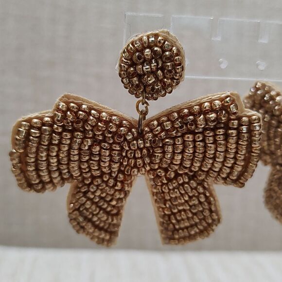 Gold Beaded Bow Pierced Drop Earrings - Picture 6 of 8